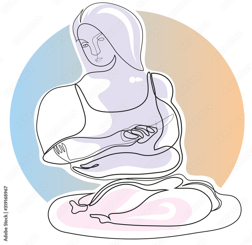 One continuous line drawing of unhappy fat woman eating something. Simple line art drawing of sad obese woman. One continuous line drawing of unhappy fat woman eating something. Simple line art drawing of sad obese woman.