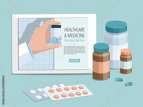 Medicine pills. Doctor's hand showing pills bottle on digital tablet. 