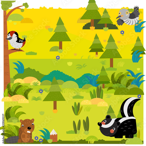 cartoon forest with wild animal skunk and other animals