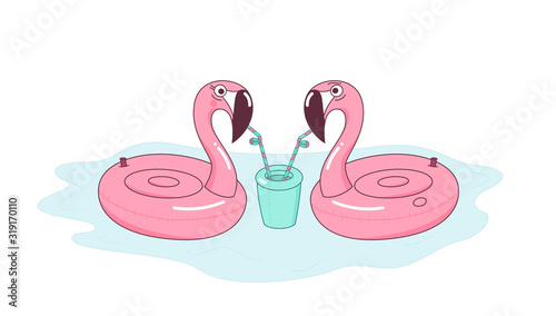 Inflatable cute flamingo couple drink cocktail together.