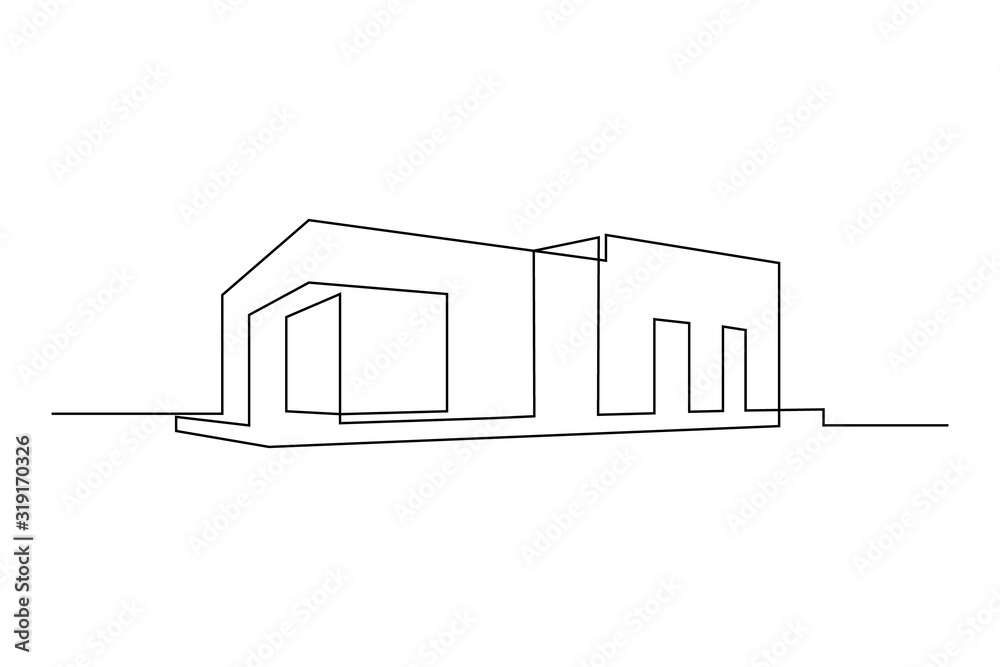 Modern flat roof house or commercial building in continuous line art drawing style. Minimalist black linear sketch isolated on white background. Vector illustration Modern flat roof house or commercial building in continuous line art drawing style. Minimalist black linear sketch isolated on white background. Vector illustration