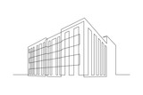 Multi- storey apartment building, office center or industrial building in continuous line art drawing style. Black linear sketch isolated on white background. Vector illustration