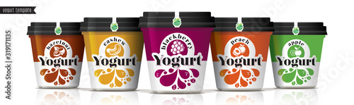 Yogurt vector packaging design. Fruit and nuts yogurt set.