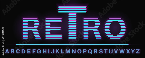 80's and 90's retro neon light style glowing line font. Sci-Fi Universe alphabet. Screen vintage TV glitch VHS effect. Vector illustration