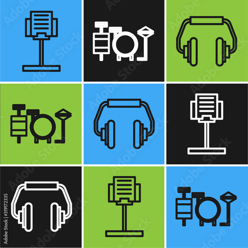 Set line Music stand, Headphones and Drums icon. Vector