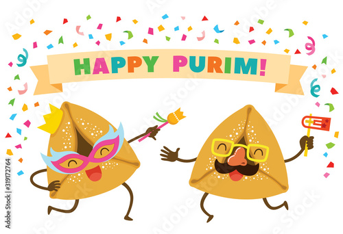 Cartoon Purim Hamantashen or Oznei Haman wearing masks and dancing Happily under the text Happy Purim.