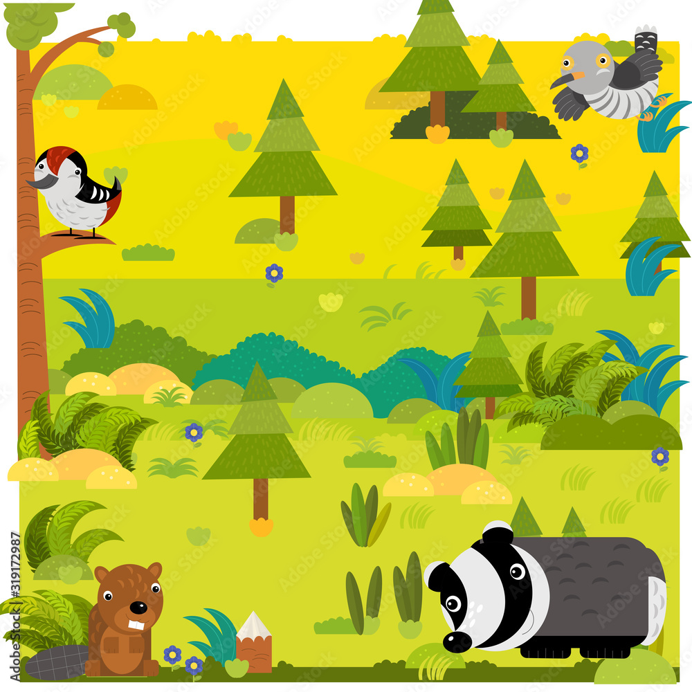 cartoon forest with wild animal opossum and other animals cartoon forest with wild animal opossum and other animals