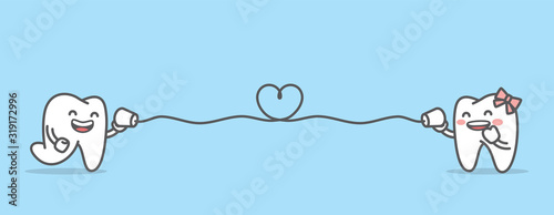 Tooth boy talk with tooth girl together by can phone and string shape like a small heart illustration character vector design on blue background. Dental concept.