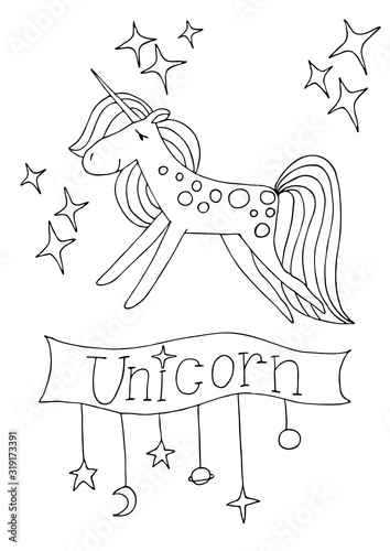 Unicorn fairy animal contours vector illustration fantasy hand drawing