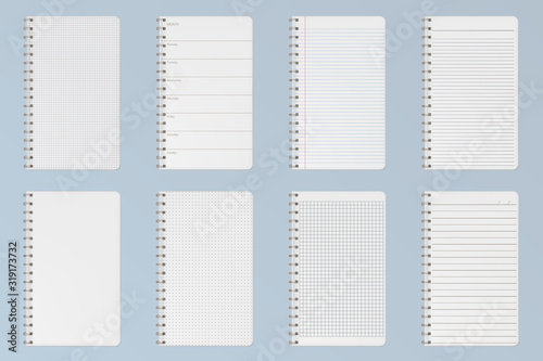 Notebooks sheets set. Lined, checkered and dots pages for memo pads and daily planner template notepad empty paper with binder iron spiral isolated on gray background. Realistic 3d Vector illustration