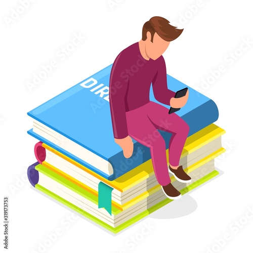 Young man sitting on pile of books and looking to smartphone. Guy using media library or administrator providing support. Virtual repository of visual content, audio, documents. Vector isometric.