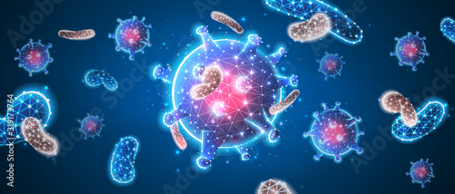 Virus cell. Immunology, new strain epidemic, infection pathogen concept. Abstract polygonal image on blue neon background. Low poly, wireframe, digital 3d vector illustration
