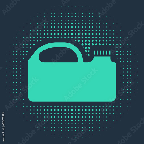 Green Plastic canister for motor machine oil icon isolated on blue background. Oil gallon. Oil change service and repair. Abstract circle random dots. Vector Illustration