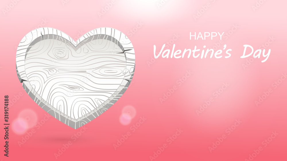 Happy Valentine's day. Open wooden box. Heart shaped white box. Pink background. Wood texture. Valentine's day present, sale poster, web banner, advertising and invitation card. Illustration vector