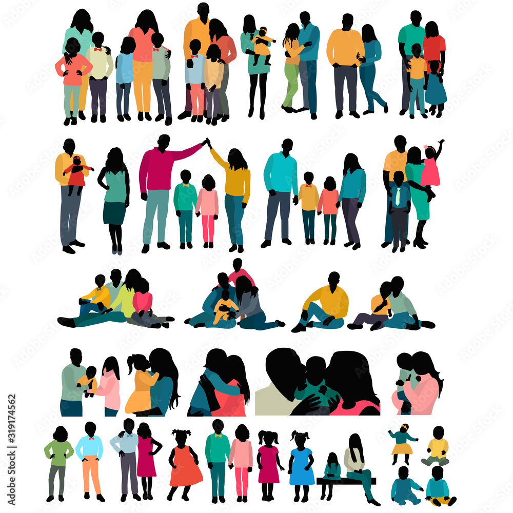 vector, isolated, silhouette people with children, set