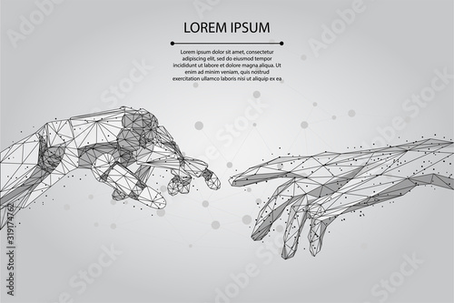 Abstract mash line and point Low poly wireframe human and robot hands touching with fingers. Polygonal artificial intelligence 3D vector Illustration Future technological business. 