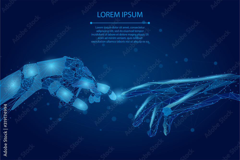 Abstract mash line and point Low poly wireframe human and robot hands touching with fingers. Polygonal artificial intelligence 3D vector Illustration Future technological business. 