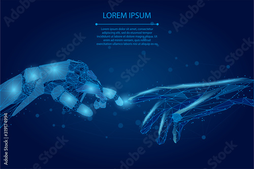 Abstract mash line and point Low poly wireframe human and robot hands touching with fingers. Polygonal artificial intelligence 3D vector Illustration Future technological business. 