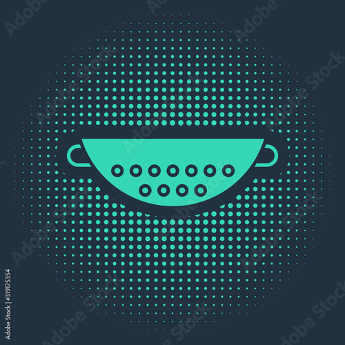 Green Kitchen colander icon isolated on blue background. Cooking utensil. Cutlery sign. Abstract circle random dots. Vector Illustration