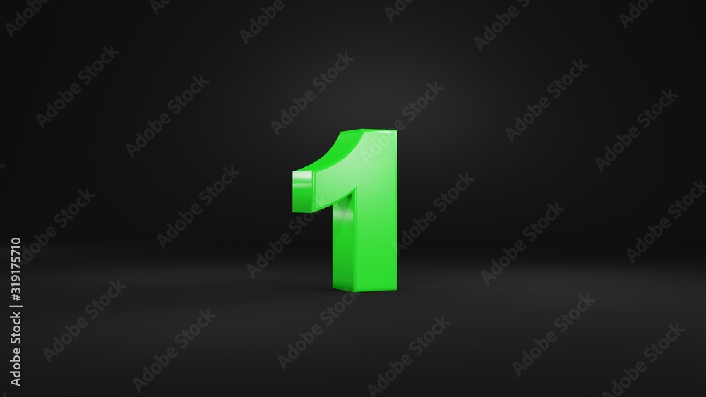 Number 1 in glossy green color on black background, isolated number, 3d render Number 1 in glossy green color on black background, isolated number, 3d render