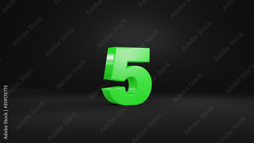 Number 5 in glossy green color on black background, isolated number, 3d render Number 5 in glossy green color on black background, isolated number, 3d render
