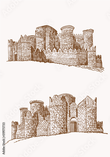 Graphical hand-drawn vintage set of medieval Belmonte castles ,Spain,vector illustration