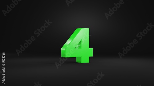 Number 4 in glossy green color on black background, isolated number, 3d render