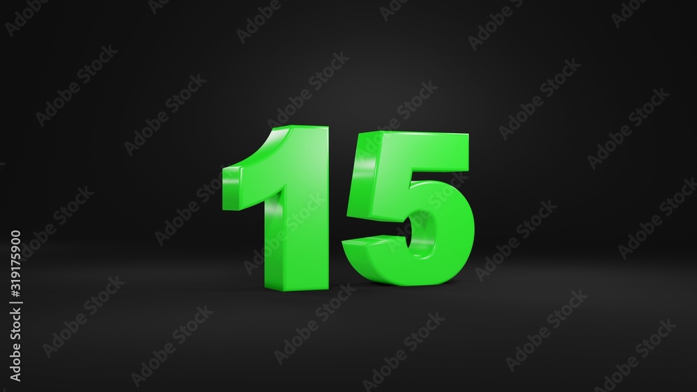 Number 15 in glossy green color on black background, isolated number, 3d render Number 15 in glossy green color on black background, isolated number, 3d render