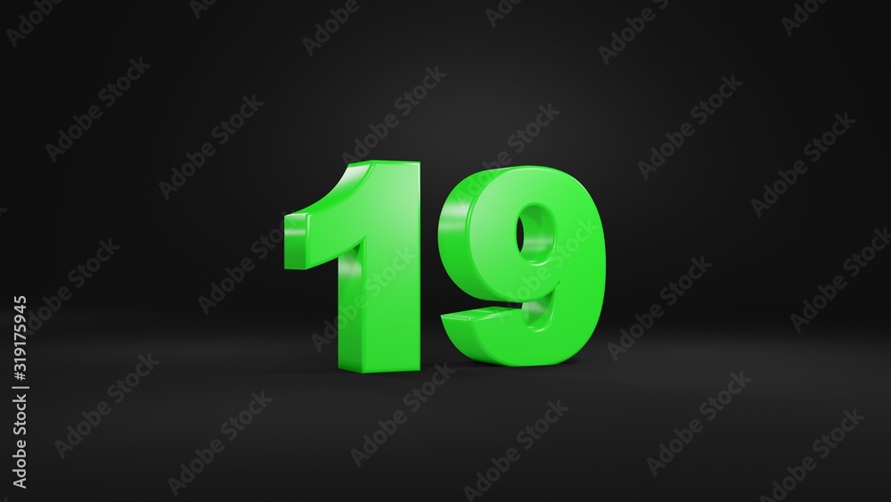 Number 19 in glossy green color on black background, isolated number, 3d render Number 19 in glossy green color on black background, isolated number, 3d render