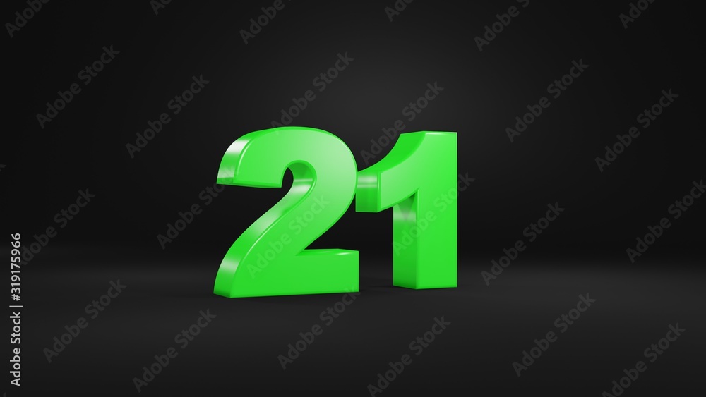 Number 21 in glossy green color on black background, isolated number, 3d render Number 21 in glossy green color on black background, isolated number, 3d render