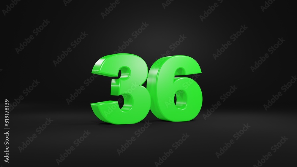 Number 36 in glossy green color on black background, isolated number, 3d render Number 36 in glossy green color on black background, isolated number, 3d render