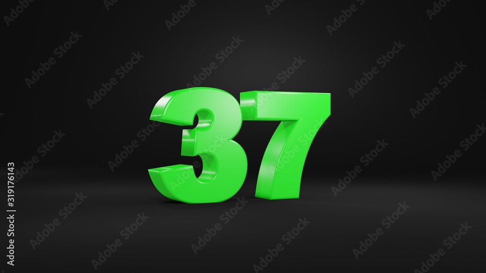 Number 37 in glossy green color on black background, isolated number, 3d render Number 37 in glossy green color on black background, isolated number, 3d render