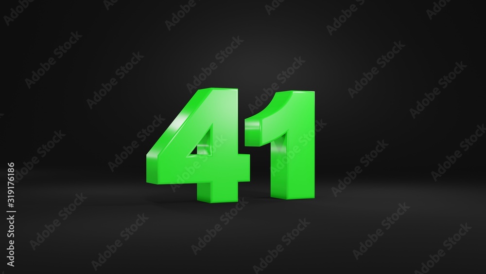 Number 41 in glossy green color on black background, isolated number, 3d render Number 41 in glossy green color on black background, isolated number, 3d render