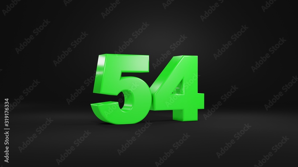 Number 54 in glossy green color on black background, isolated number, 3d render Number 54 in glossy green color on black background, isolated number, 3d render