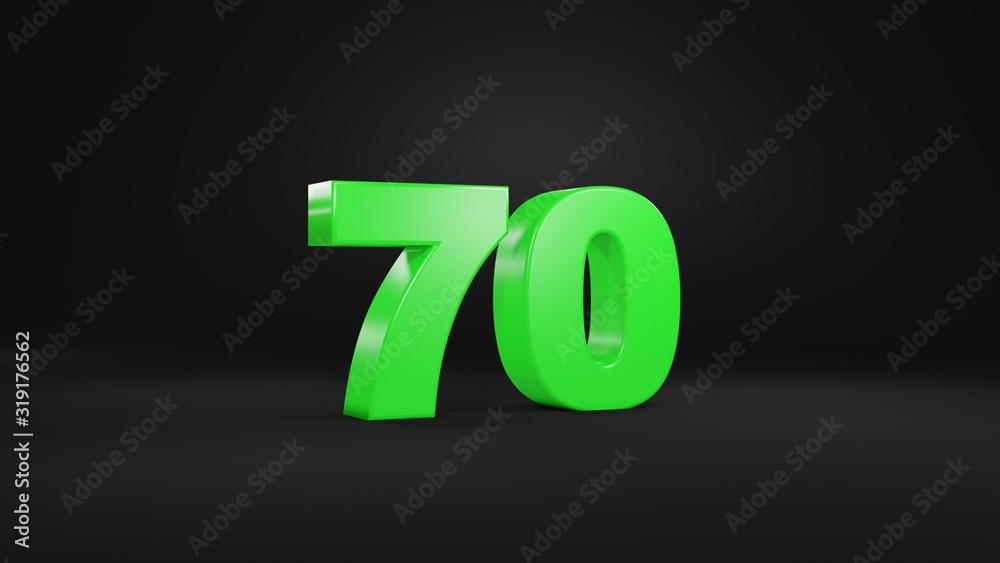 Number 70 in glossy green color on black background, isolated number, 3d render Number 70 in glossy green color on black background, isolated number, 3d render