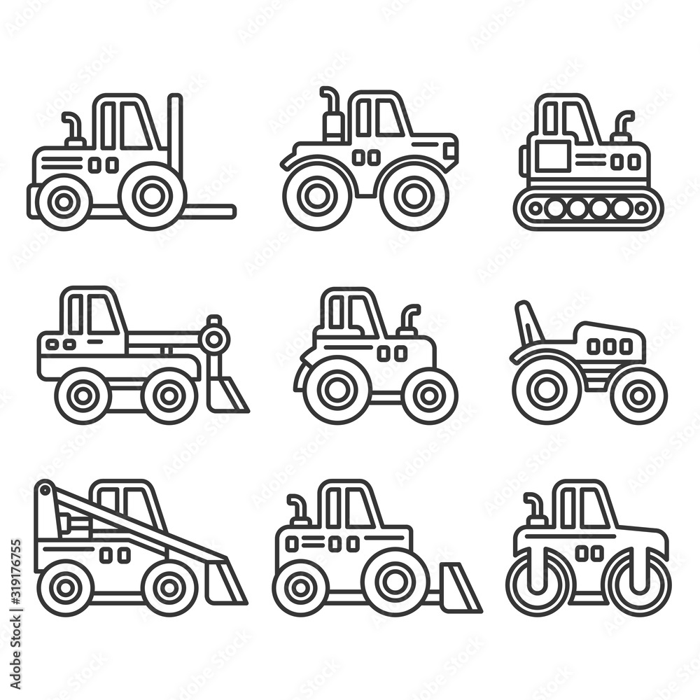 Tractors, Farm and Buildings Machines Icons Set. Line Style Vector Tractors, Farm and Buildings Machines Icons Set. Line Style Vector