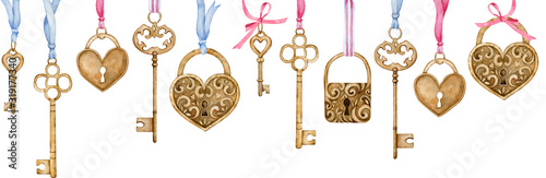 Watercolor header with heart-shaped golden locks and keys handing on blue and pink ribbons.