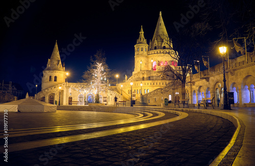 Fisherman's Bastion in Budapest at night.