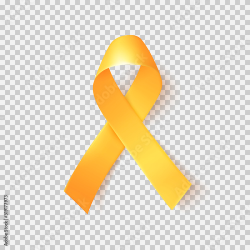 Realistic gold ribbon. World childhood cancer symbol 15th of february, vector illustration. Template for poster for cancer awareness month in september.