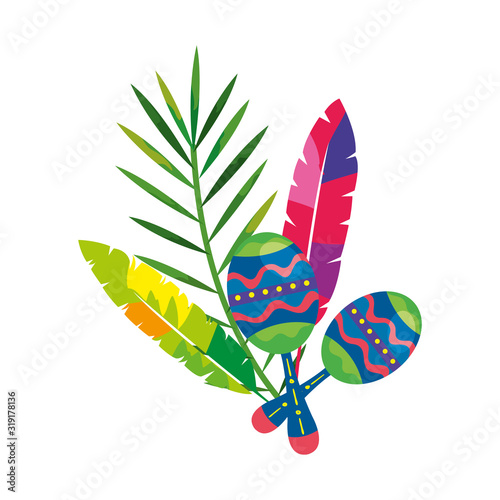 maracas with exotic feathers and tropical leaf vector illustration design