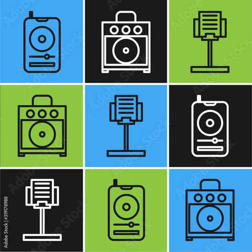 Set line Music player, Music stand and Guitar amplifier icon. Vector
