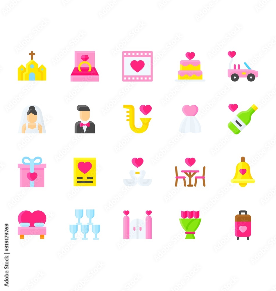 love and wedding related heart on card, flowers, wine bottle, gate, table and chairs, gift box, bell, bed, church, cake, car, boy, girl, and wine glasses vectors in flat design, love and wedding related heart on card, flowers, wine bottle, gate, table and chairs, gift box, bell, bed, church, cake, car, boy, girl, and wine glasses vectors in flat design,