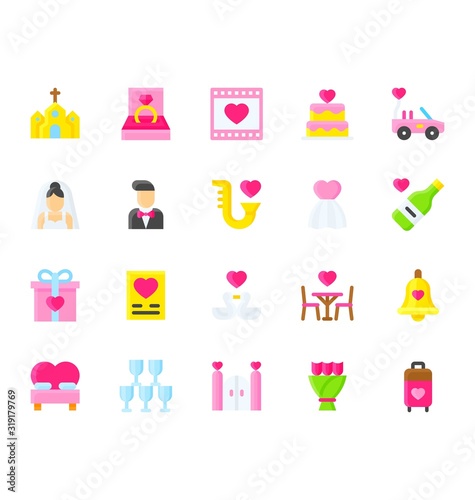 love and wedding related heart on card, flowers, wine bottle, gate, table and chairs, gift box, bell, bed, church, cake, car, boy, girl, and wine glasses vectors in flat design,