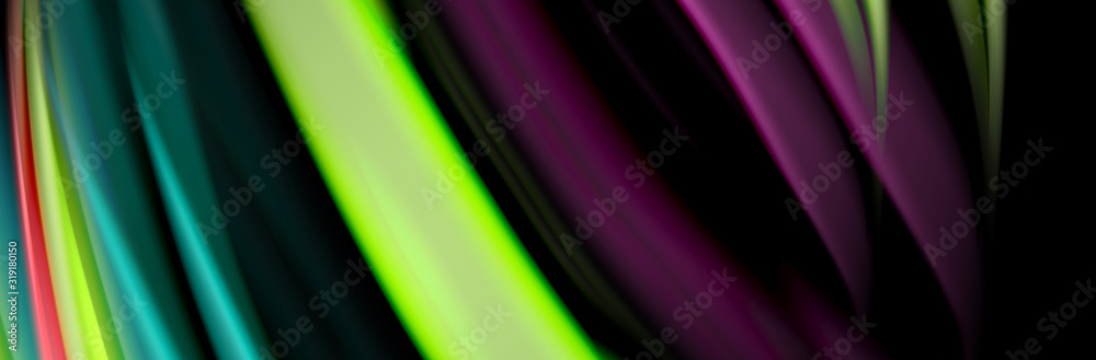Silk and smooth flow wave poster design. Color waves, liquid style lines and shapes in black color background Silk and smooth flow wave poster design. Color waves, liquid style lines and shapes in black color background