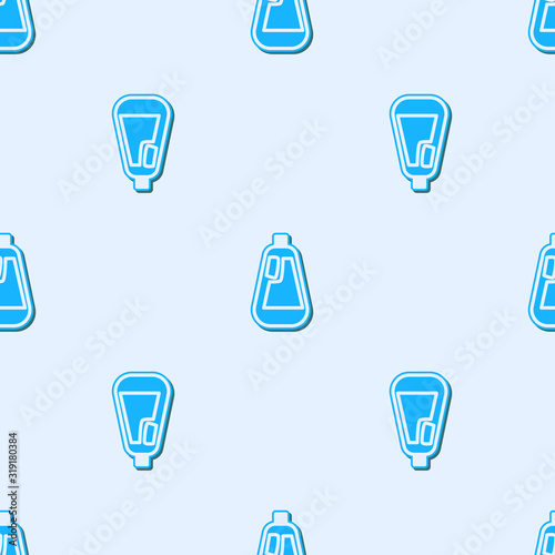 Blue line Plastic bottle for liquid laundry detergent, bleach, dishwashing liquid icon isolated seamless pattern on grey background. Vector Illustration