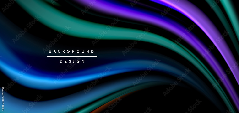 Fototapeta premium Abstract silk smooth lines on black, multicolored liquid fluid rainbow style waves on black