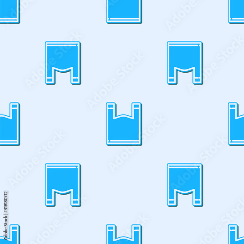 Blue line Plastic bag icon isolated seamless pattern on grey background. Disposable cellophane and polythene package prohibition sign. Vector Illustration