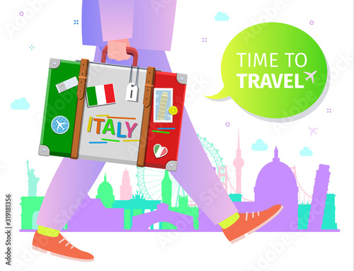 Concept of travel to Italy or studying Italian. Time to travel message.