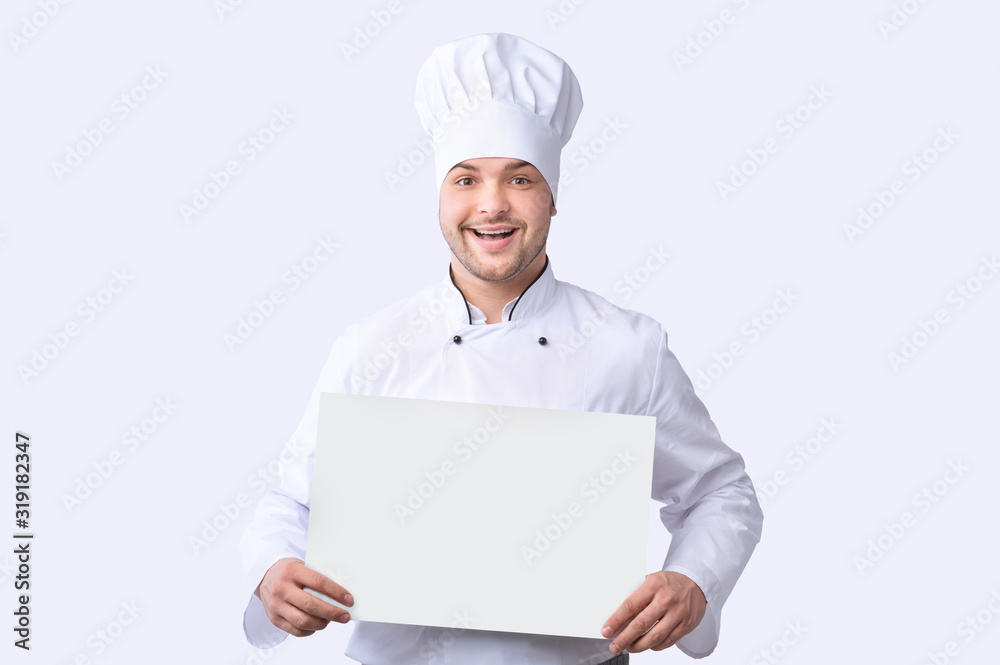 Chef Man Holding Blank Poster For Text, Studio Shot, Mockup Chef Man Holding Blank Poster For Text, Studio Shot, Mockup
