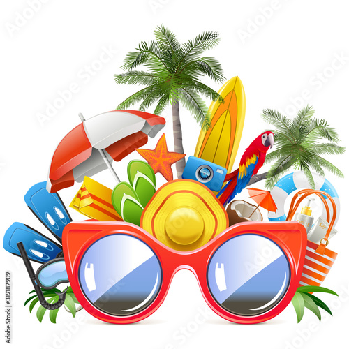 Vector Red Sunglasses with Beach Concept